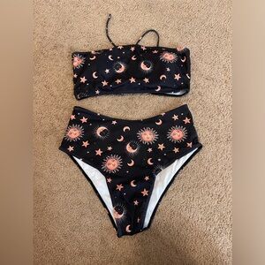 Strapless High-waisted Bikini w/Sun and Moon Print